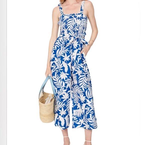 Kate Spade New York Navy White Tropical Smocked Jumpsuit MSRP 298.00 - Picture 1 of 12